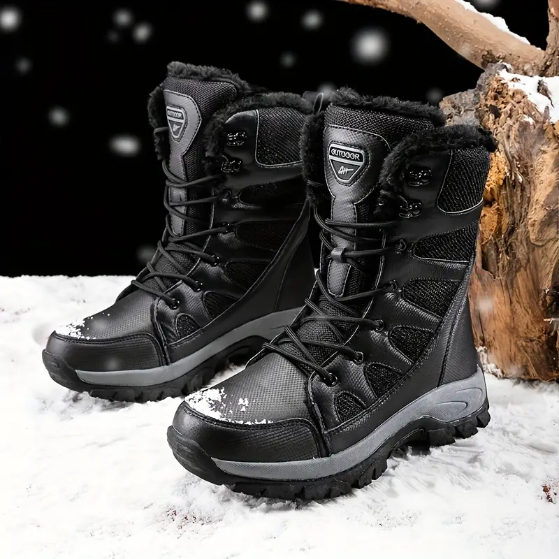 Men's Mid Calf Snow Boots, Winter Thermal Shoes, Windproof Hiking Boots With Fuzzy Lining